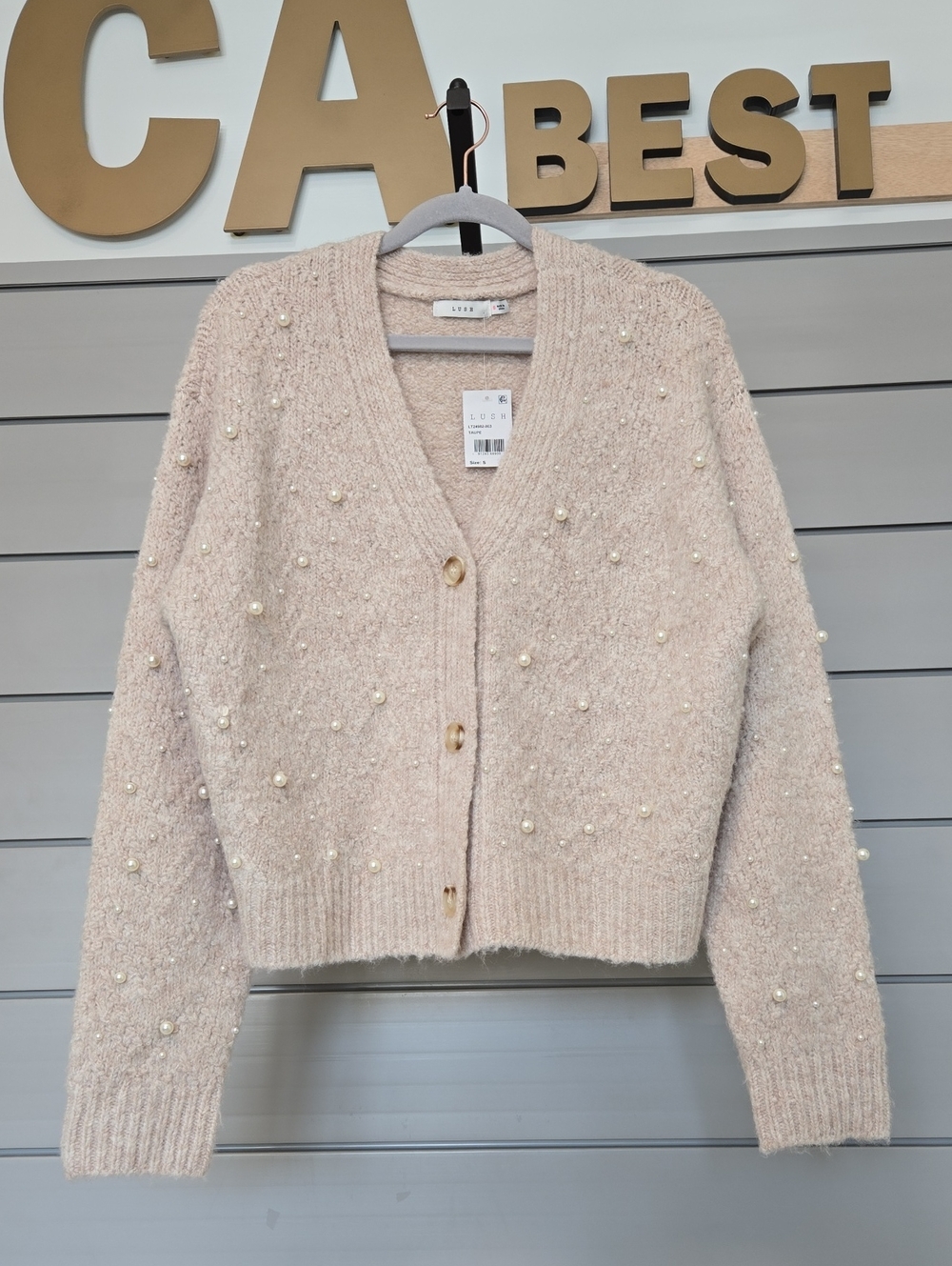 Lush Pearl-Embellished Blush V-Neck Cardigan